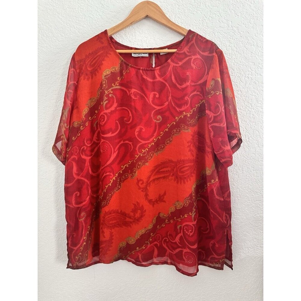Nouveau Monde Women's Plus 2x Lined Red Chiffon Tunic Blouse Semi Sheer Paisley